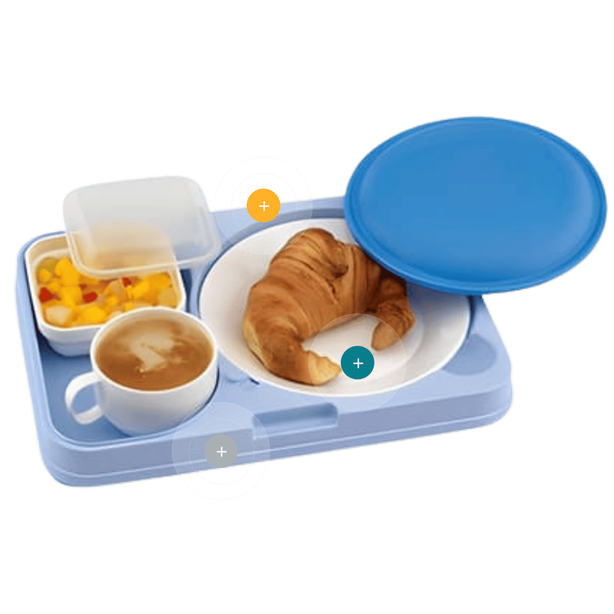 Bandeja isotérmica hospitalaria 1/2 Euronorm con desayuno completo y compartimentos organizados