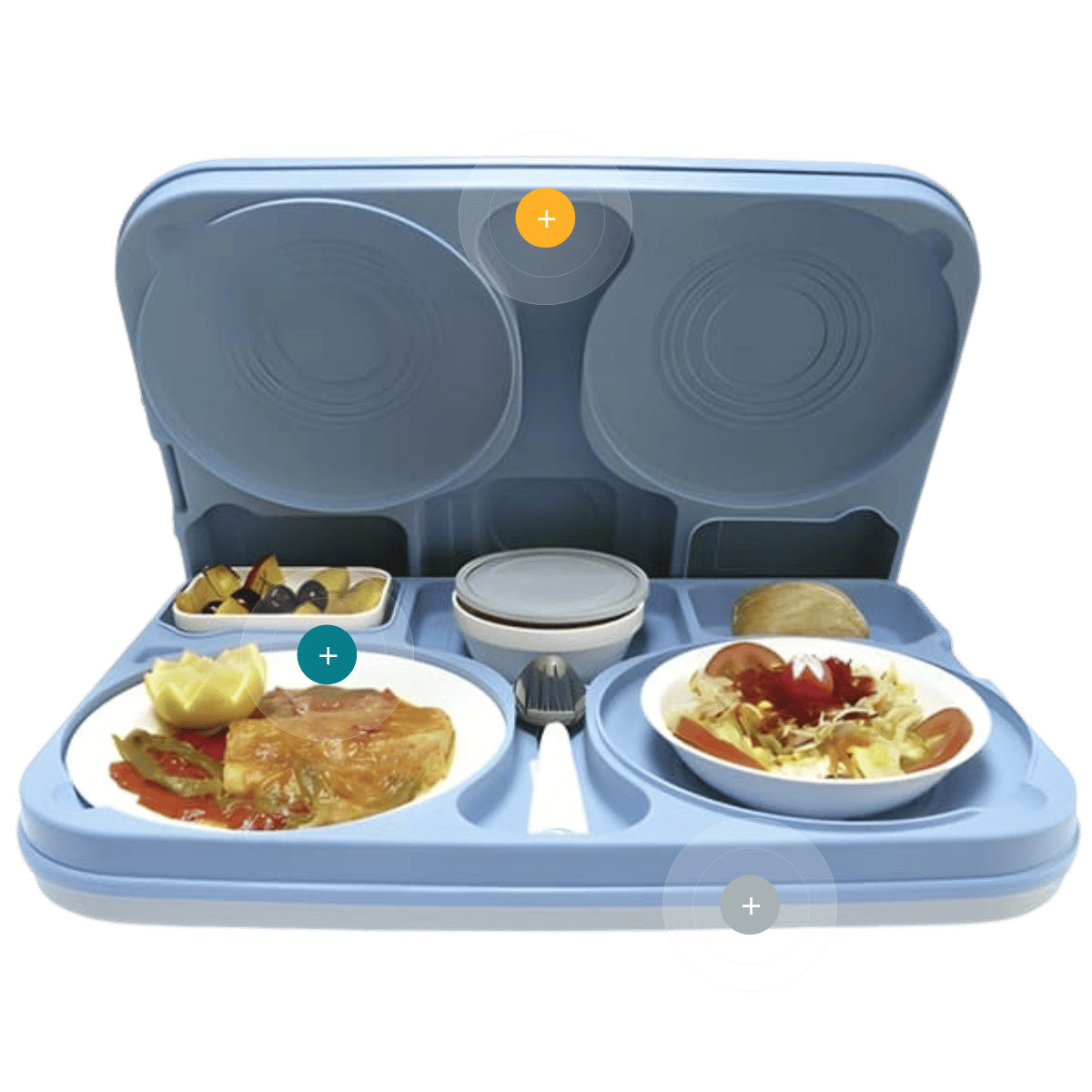 Bandeja isotérmica hospitalaria Euronorm con alimentos y tapa abierta para servicio de comidas