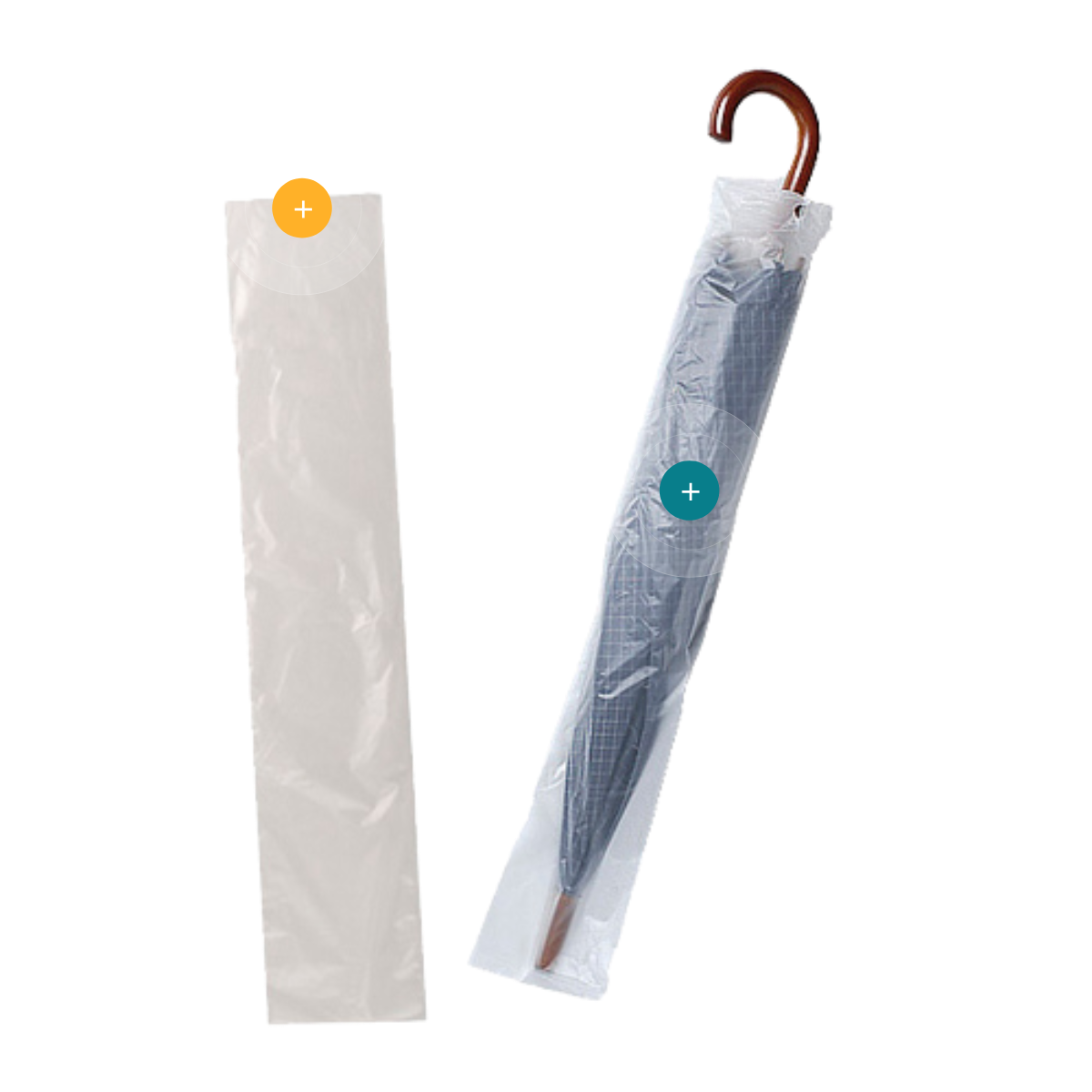 Bolsa larga transparente para enfundador de paraguas, con ejemplo de paraguas enfundado y bolsa vacía
