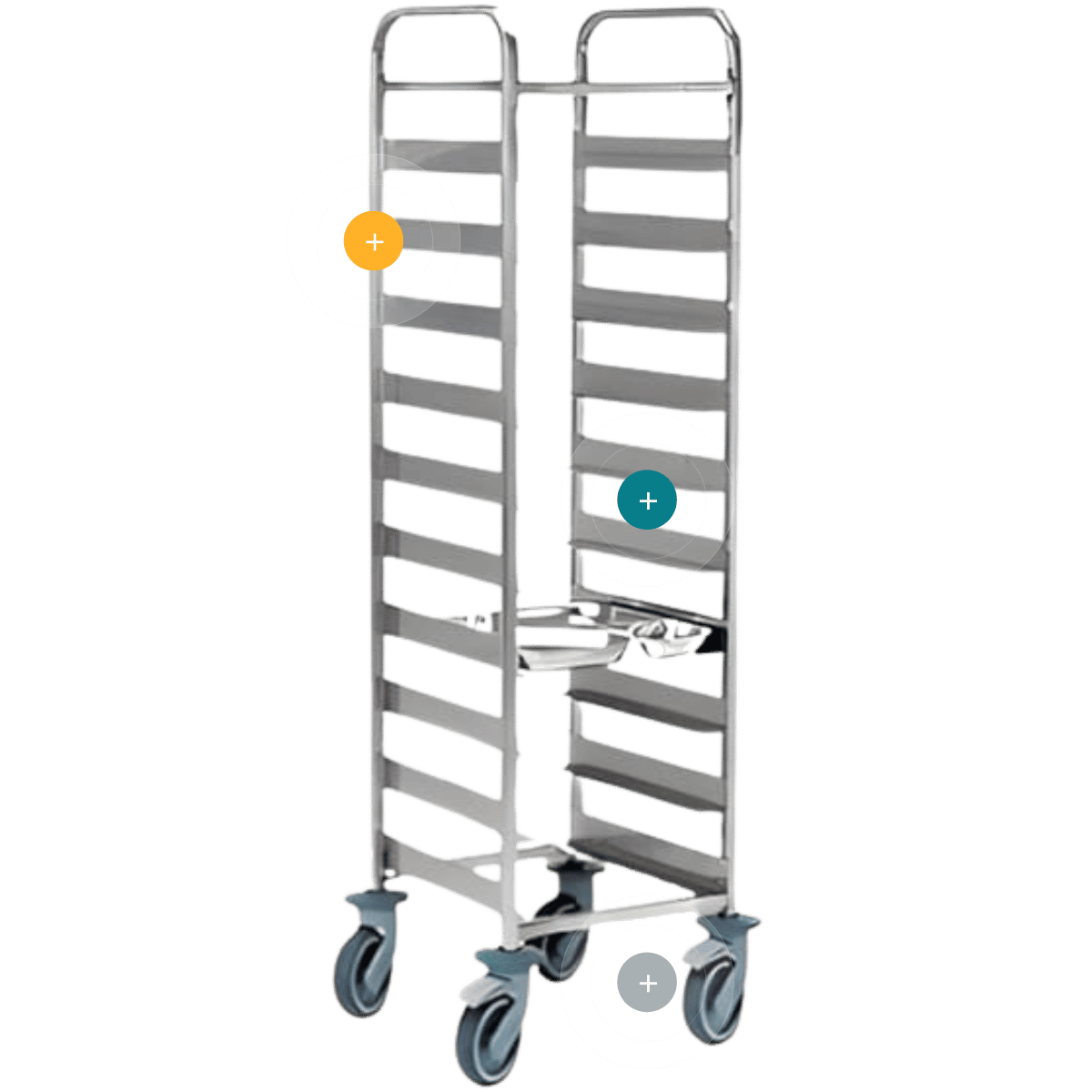Carro detallado para 10 bandejas GN con estructura vertical y ruedas giratorias de alta resistencia