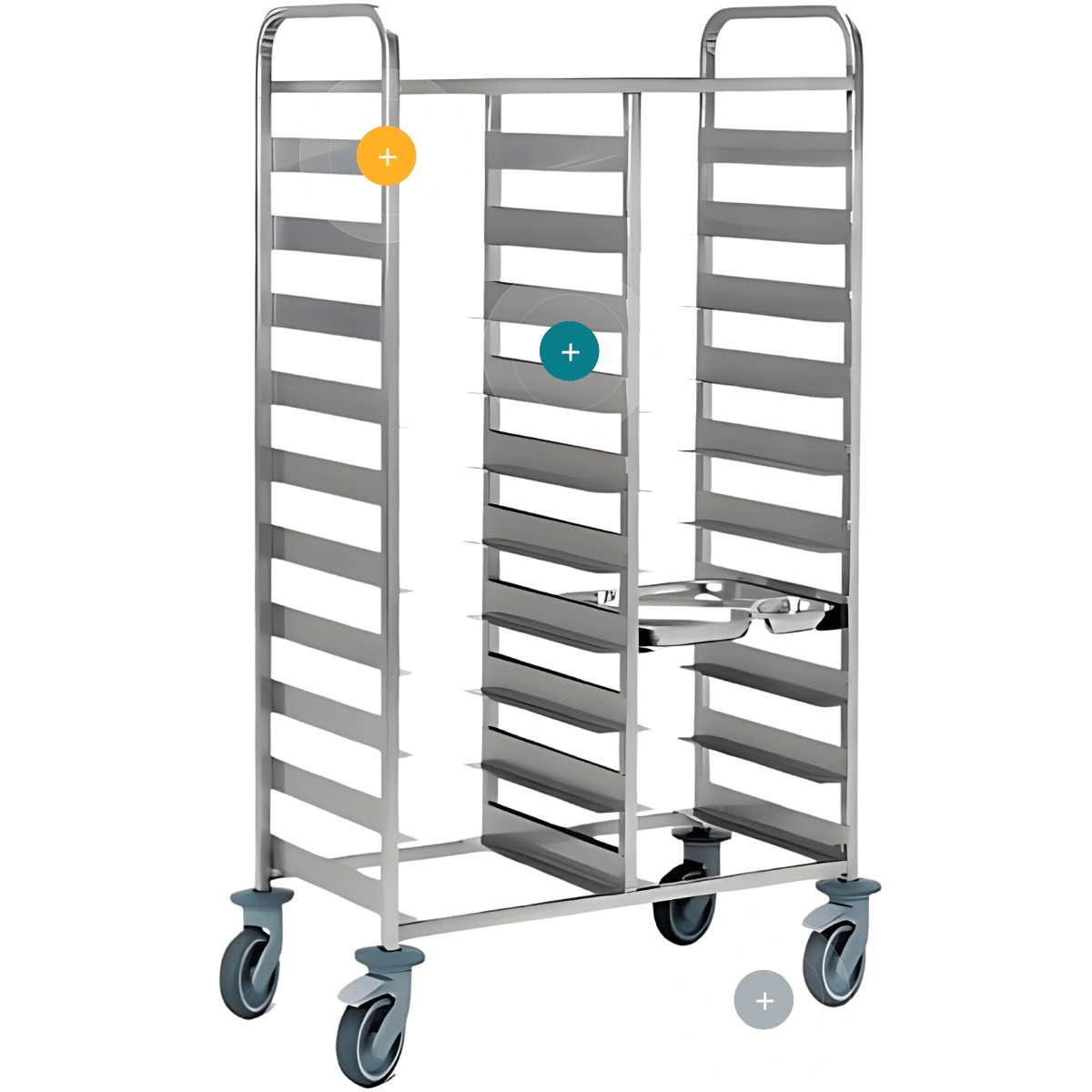 Carro para 20 bandejas compartimentadas de acero inoxidable con guías individuales y ruedas industriales