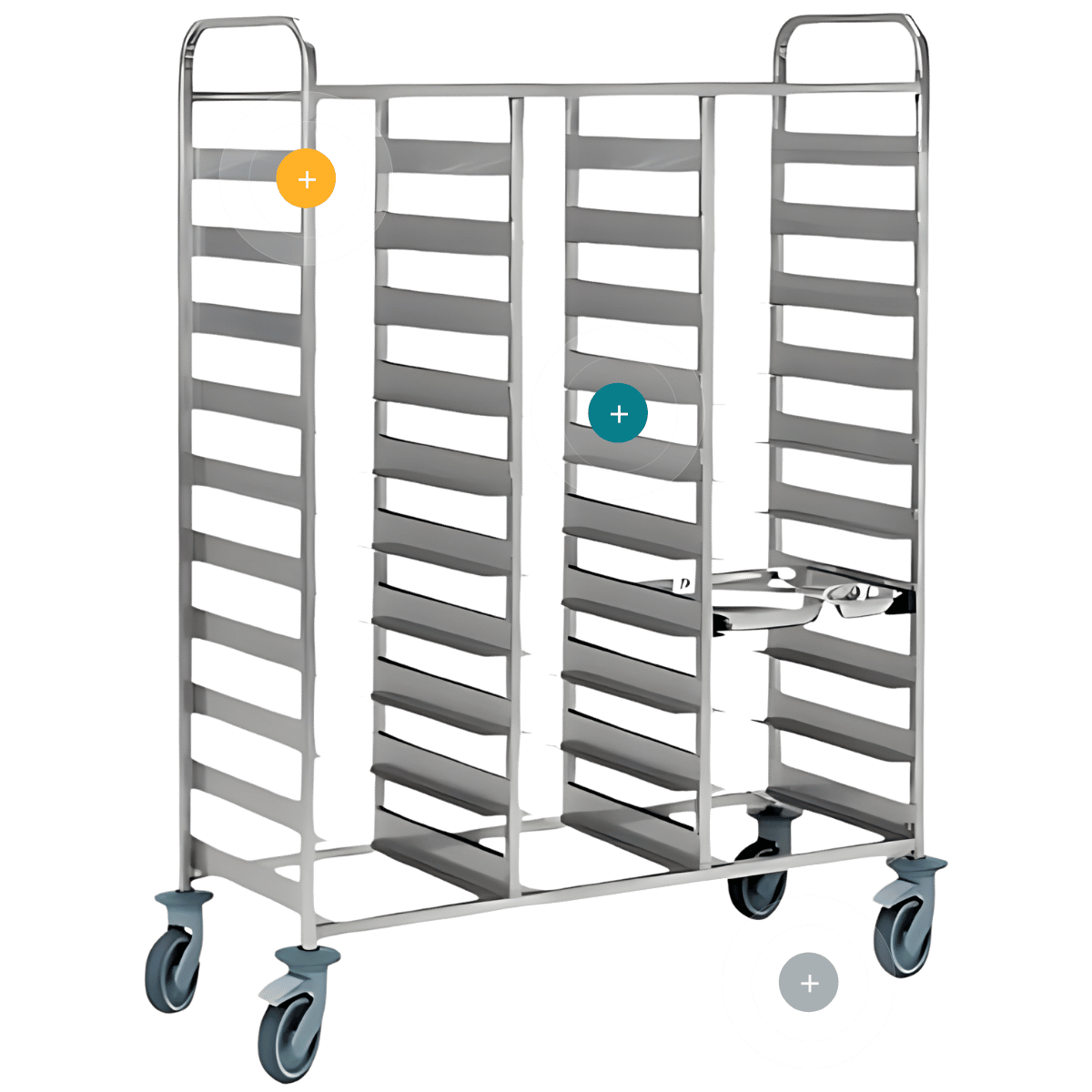 Carro para 30 bandejas compartimentadas de acero inoxidable con ruedas industriales giratorias