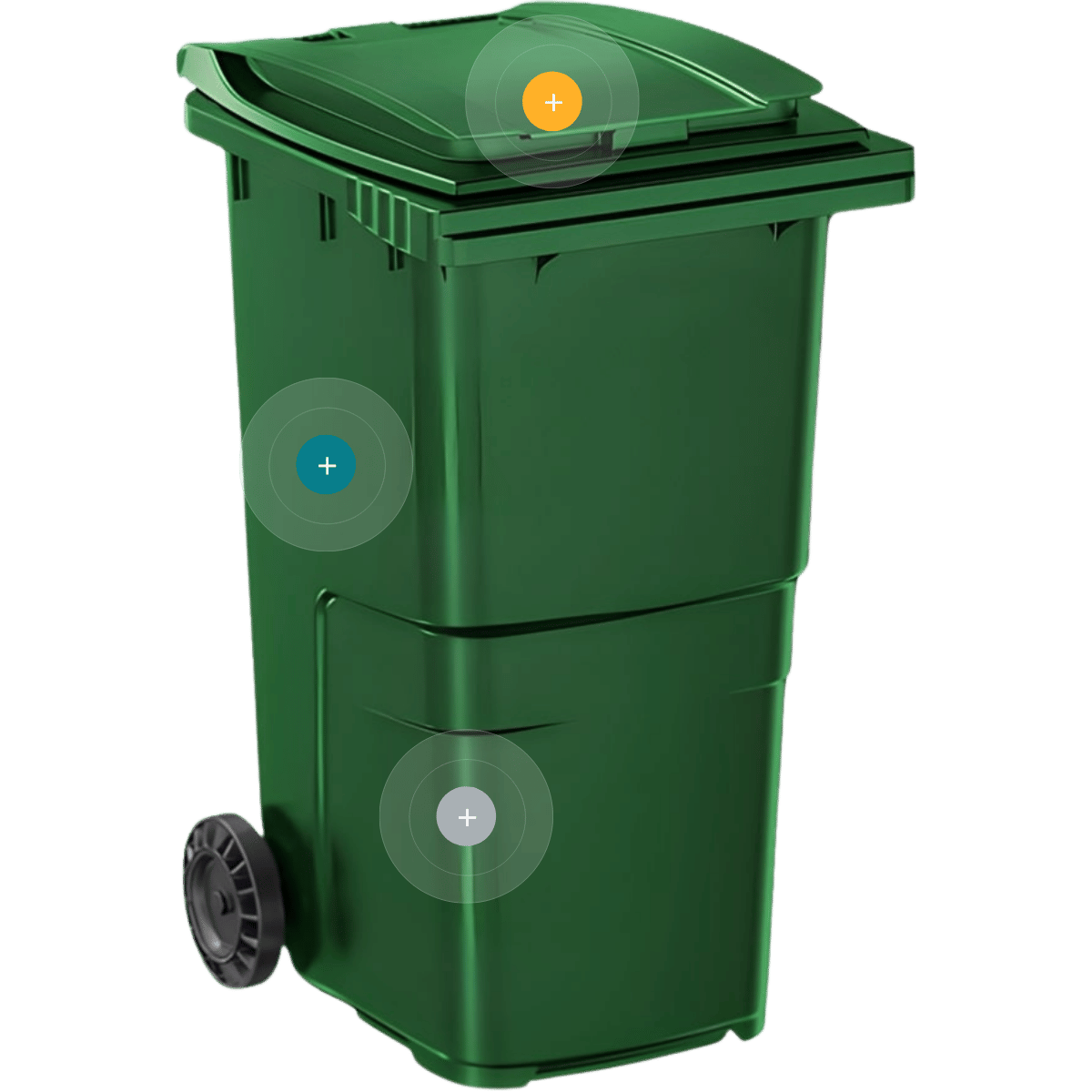 Contenedor de basura de 240 litros color verde con tapa abatible y ruedas para uso profesional