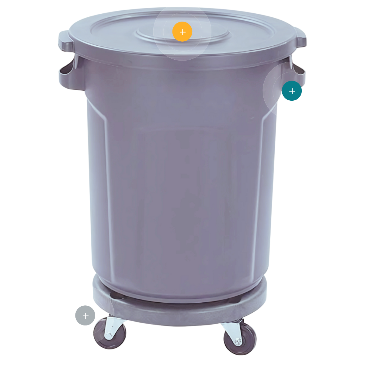 Contenedor redondo Tauro de 80 litros con tapa y base con ruedas giratorias, ideal para uso profesional en gestión de residuos