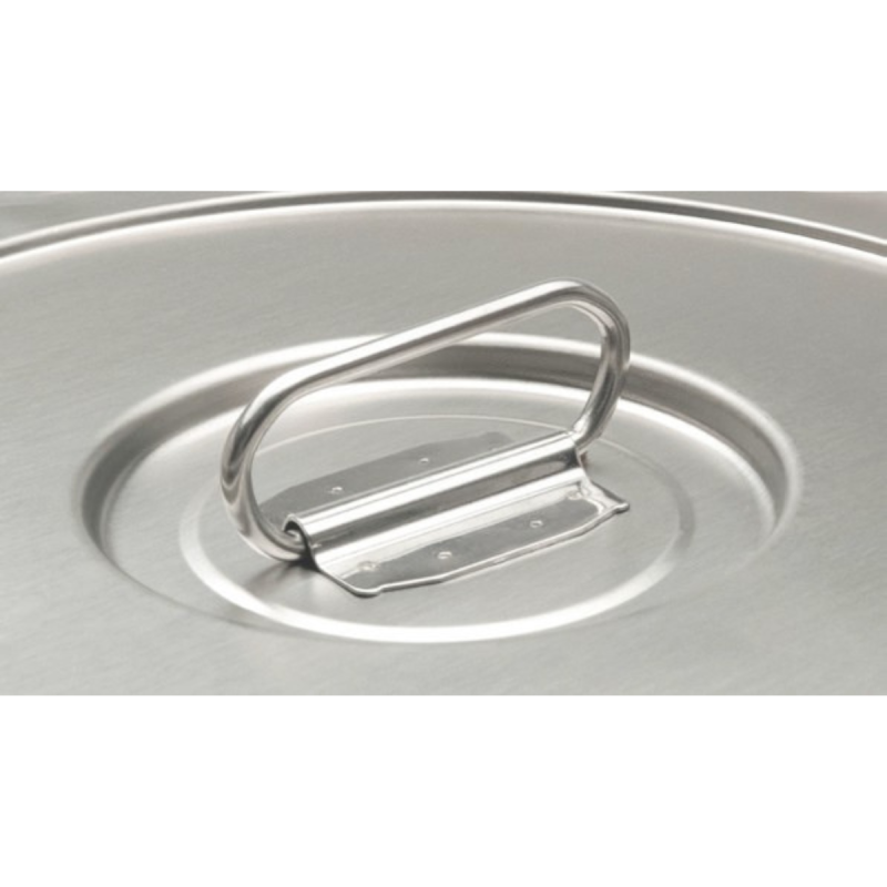 Detalle del asa superior de la tapa del contenedor isotérmico de acero inoxidable premium, con acabado higiénico y resistente