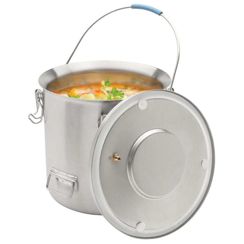 Contenedor isotérmico de acero inoxidable premium con comida caliente en su interior, ideal para catering y colectividades