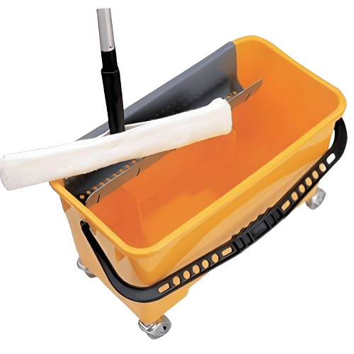 Cubo profesional para limpieza de cristales con escurridor metálico y mango, ideal para uso en cristalería comercial e industrial