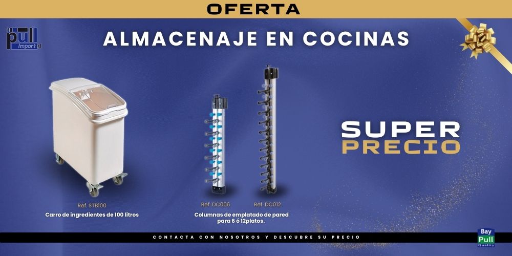 Oferta del almacenaje en cocinas, compuesto por carro de ingredientes de cocina y columnas de emplatado profesional