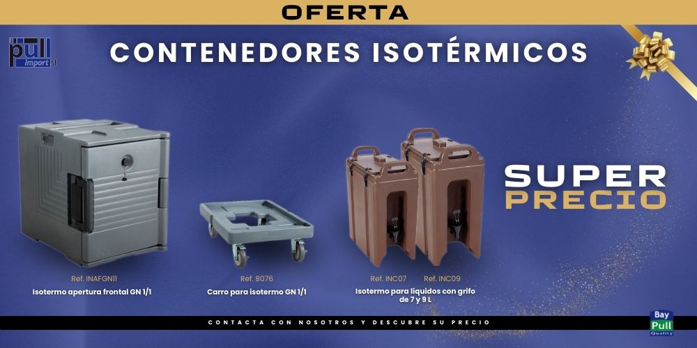 Oferta de los contenedores isotérmicos, compuesto por el isotermo de apertura frontal GN 1/1, el carro para isotermo GN 1/1 y los isotermos para líquidos con grifo de 7 y 9 litros