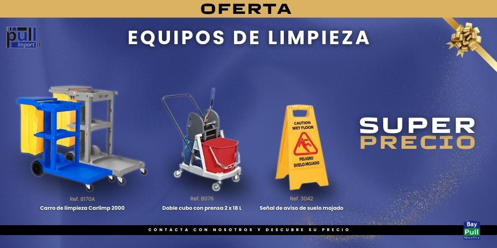 Oferta de los equipos de limpieza, compuesto por el carro de limpieza Carlimp 2000, el doble cubo con prensa 2 x 18 litros y la señal de suelo mojado