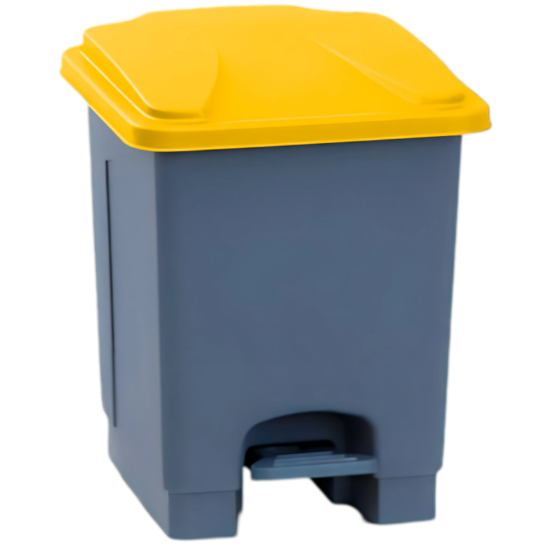 Papelera con pedal universal de 15 litros con tapa amarilla, ideal para reciclaje sin contacto en espacios profesionales
